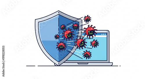 Computer shield protects against cyber threats and malware attacks on a laptop