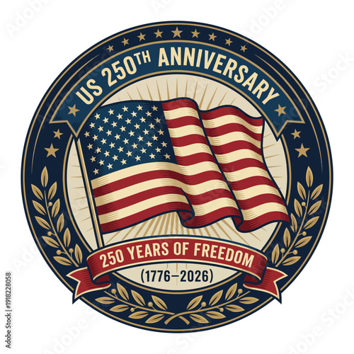 US 250th Anniversary Vintage Badge with Waving American Flag