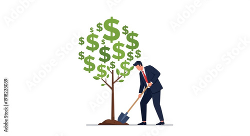 Businessman planting money tree with dollar signs symbolizing investment and growth in finance and economy