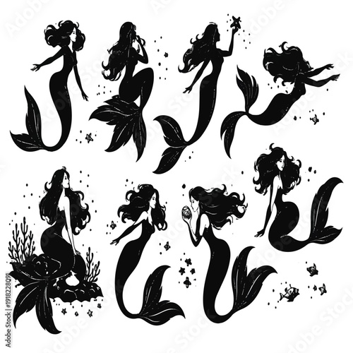 Black Silhouette Mermaid Clipart Set – Fantasy Siren Ocean SVG, PNG, Vector Illustration