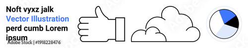 Business strategy, data analytics, social media, approval ratings, digital tools, cloud technology. Thumbs-up icon, a cloud shape and a pie chart. Business strategy and data analytics concept