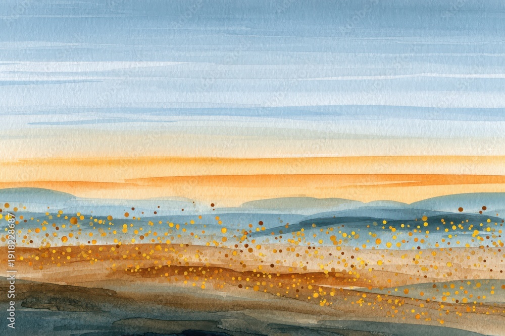 Obraz premium Abstract watercolor painting showing golden dots on landscape