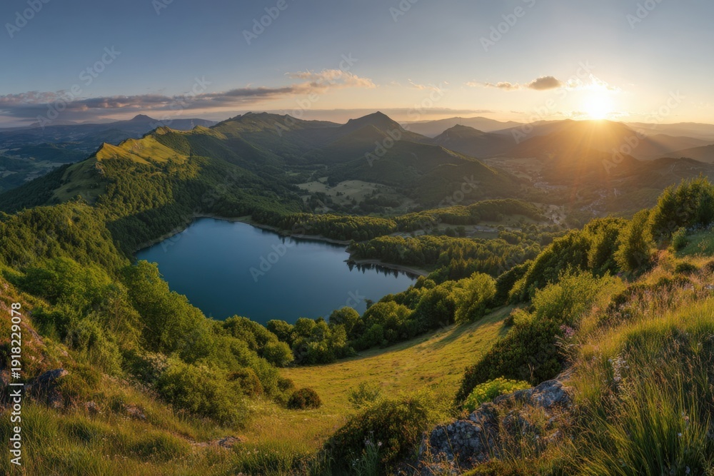 Fototapeta premium Stunning sunset over serene lake and mountain landscape