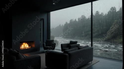 Cozy modern living room with fireplace overlooking a river on a rainy day