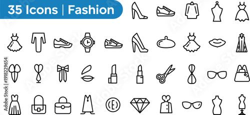 A diverse collection of thirty-five essential minimalist black outline fashion icons, representing various apparel and accessory silhouettes for style design projects