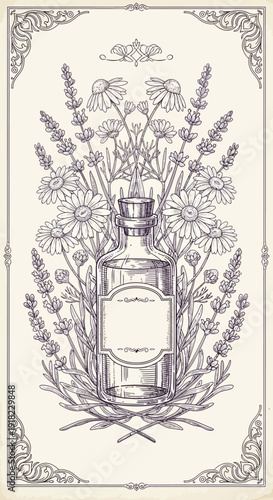 Vintage botanical illustration of lavender and chamomile elixir bottle