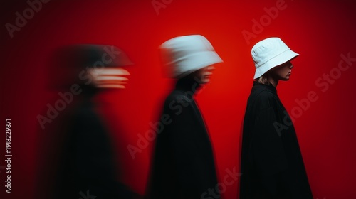 Stylish figure in motion blur wearing a bucket hat against a vivid red backdrop, capturing modern fashion and movement.