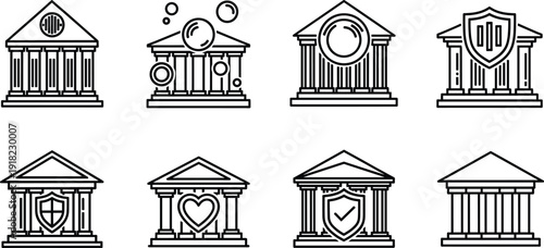 Bank Building Security Icon Vector Set, Financial Institution Protection Symbols with Shield Heart Check and Classical Architecture Line Collection