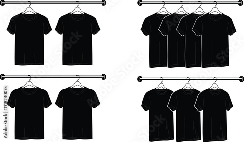 Black T Shirt Mockup Collection, Hanging Blank Apparel Templates on Rack, Minimal Clothing Display Concept, Fashion Retail Presentation Graphic, Isolated Vector Illustration Set.