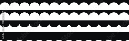 A minimalist black and white line drawing featuring a pattern of repeating scalloped shapes creating a decorative border or texture