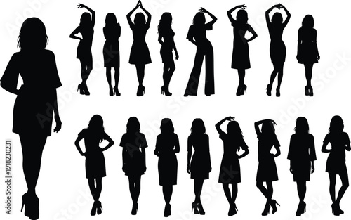 Silhouette, women, fashion, dresses, skirts, high heels, posture, standing, group, diversity, clothing, style, elegance, art, design, concept, illustration, abstract, lifestyle, beauty, expression