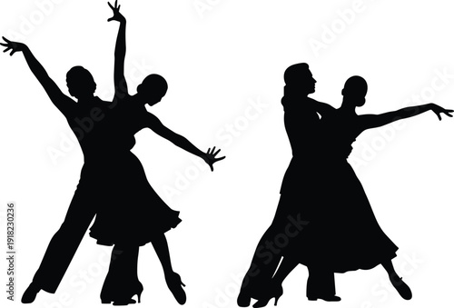 Silhouettes of ballroom dancers in elegant poses, graceful movement, dance couple, performance, romantic gesture, black figure, expressive posture, coordination