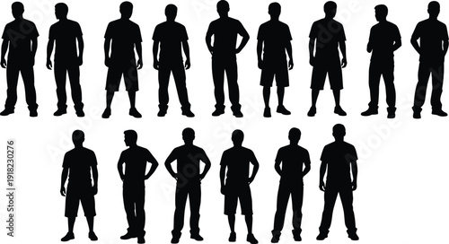 Silhouettes of casual male figures, standing poses, black illustration, posture variation, fashion style, human form, gesture, clothing, design