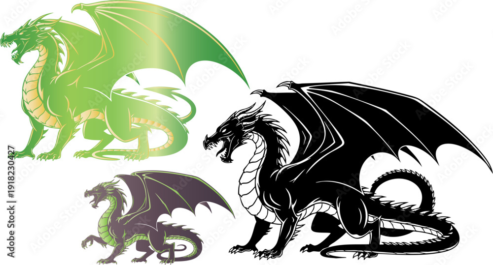 Naklejka premium Three stylized vector dragons in different color variations