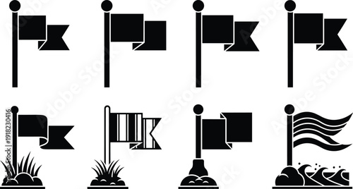 Flag Icon Set Vector Illustration, Banner Pole Collection with Waving Ribbon Pennant Outdoor Marker Elements for Navigation, Event, and Decorative Design