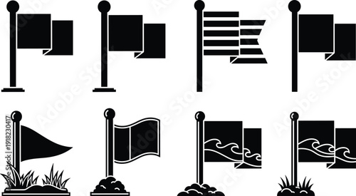 Flag Icon Set Vector Illustration, Waving Banner on Pole Collection with Outdoor Garden Base Elements for Navigation, Event, and Decorative Branding