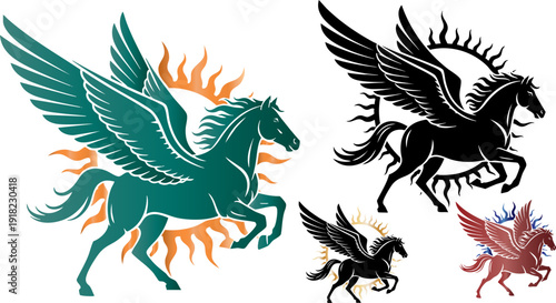 Pegasus winged horse vector illustration set with sunburst background.