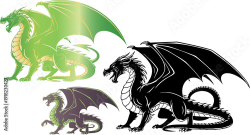 Three stylized vector dragons in different color variations