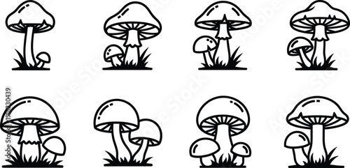 Forest Mushroom Line Icon Vector Set, Cute Toadstool Fungi Collection with Grass Nature Elements for Botanical Woodland and Organic Design