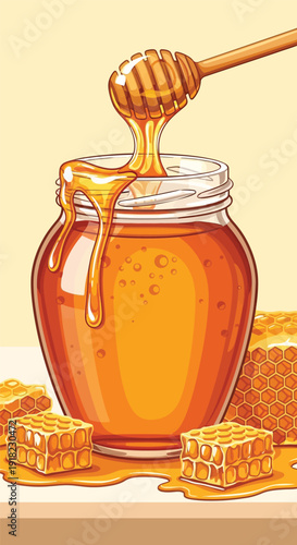 Honey jar with wooden dipper and fresh honeycombs on table
