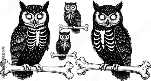 Two large and two small skeletal owls with glowing eyes perched on bones