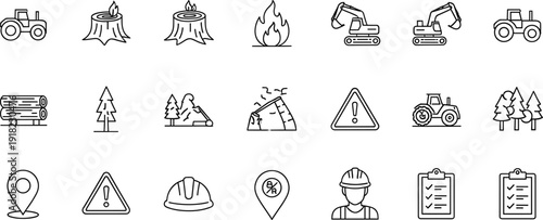 Forestry Logging Industry Icon Vector Set, Wood Cutting Equipment and Heavy Machinery Line Collection with Safety and Construction Elements