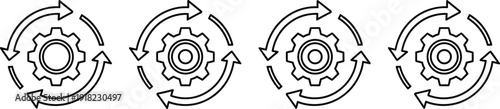 Gear Process Icon Set, Circular Arrows Around Cogwheel Symbols, Workflow Automation And Continuous Improvement Concept, Business System Update Graphic, Outline Vector Illustration.