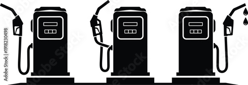 Gas Station Fuel Pump Icons Vector Illustration, Petrol Dispenser Set with Nozzle and Droplet Symbol Isolated Energy Industry Equipment Collection