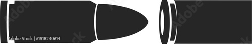 A minimalist black and white vector illustration depicting a bullet and its casing