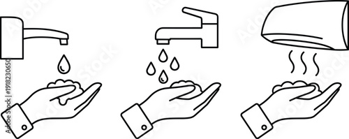 Hand Washing Icons Set, Water Tap And Soap Foam Illustration, Hygiene And Sanitization Concept, Clean Hands Steps Guide, Health Care Vector Illustration.