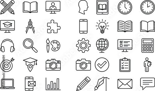 education, learning, school, study, knowledge, student, teacher, classroom, online, course, vector, illustration, minimal, outline, collection, isolated, graphic, symbol, academic, design