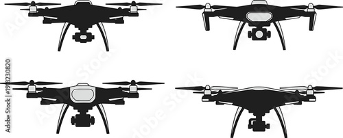 Professional Drone Quadcopters Vector Set, Aerial Camera UAV Technology for Photography Videography Surveillance and Modern Remote Flying System