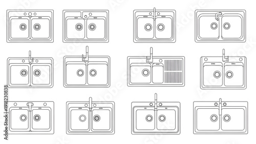Single and Double Bowl Kitchen Sink Outline Vector Set for Plan View Interior Floor Plan Design