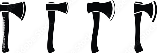 A versatile set of four minimalist black and white axe silhouettes, perfect for icons, logos, or graphic design elements, depicting various hatchet and chopping tool shapes
