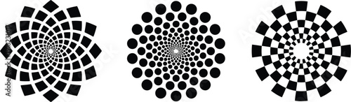 Collection of three dynamic black and white optical illusion patterns showcasing fascinating visual perception and abstract geometric art diagrams for educational purposes