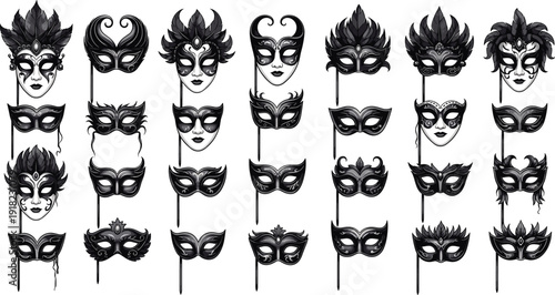 Venetian Carnival Mask Vector Collection, Ornate Masquerade Face Masks with Feathers and Decorative Details, Elegant Costume Design Set for Party, Festival, and Theater Use