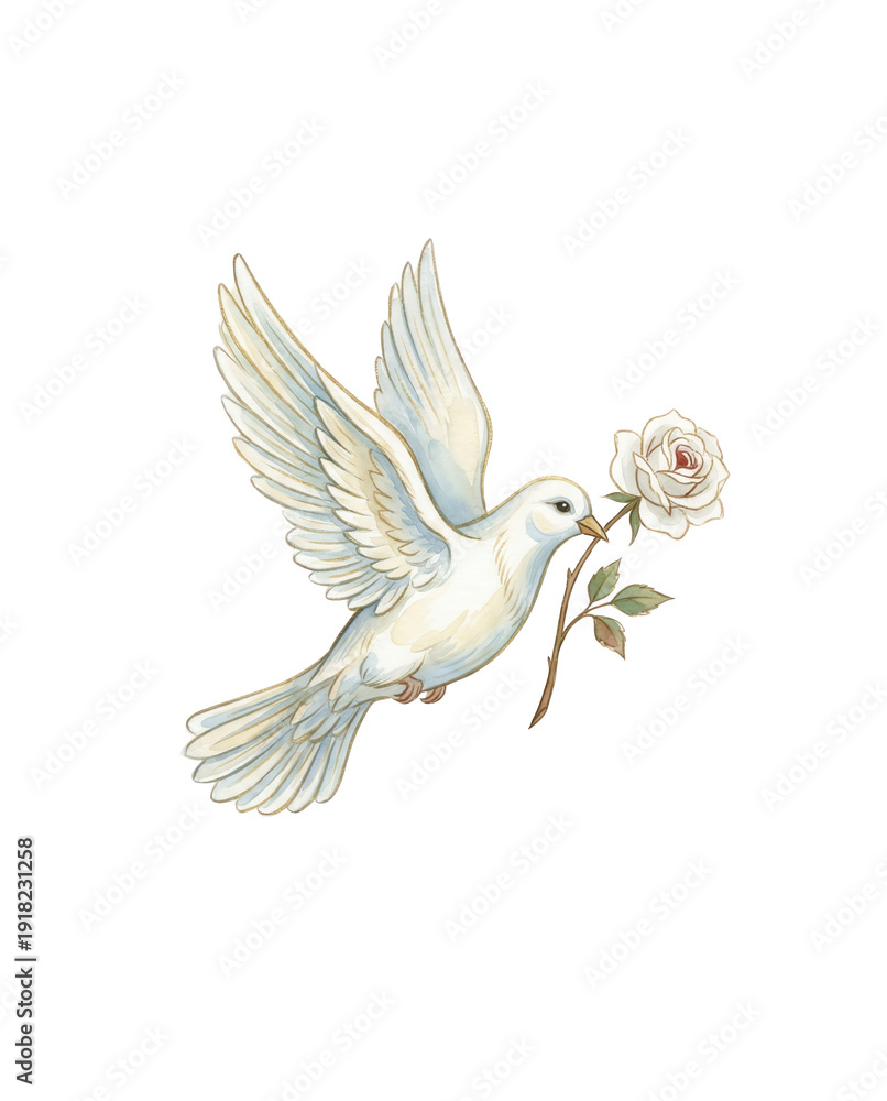 Fototapeta premium Elegant Watercolor Dove with Rose - Symbol of Peace and Love
