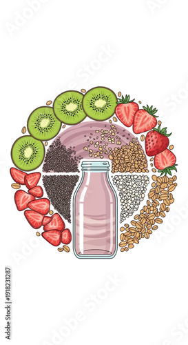 Strawberry kiwi smoothie bottle surrounded by fruit and grain seeds
