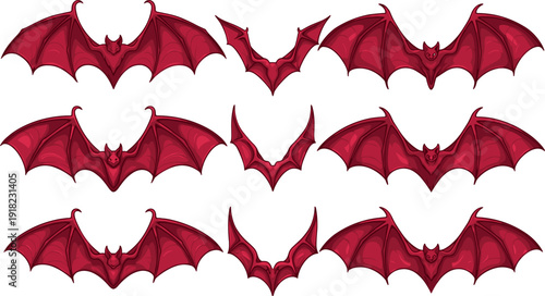 Set of Red Bat and Devil Wings in Various Flying Poses for Halloween and Gothic Design
