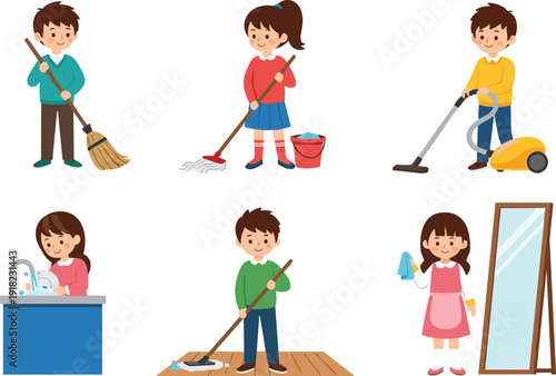 Children, cleaning, chores, housekeeping, kids, sweeping, mopping, washing, vacuuming, hygiene, home, routine, responsibility, tidy, domestic, cartoon, activity, education, lifestyle, isolated