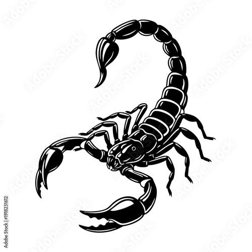 Black and white illustration of a scorpion with curved tail and pincers.