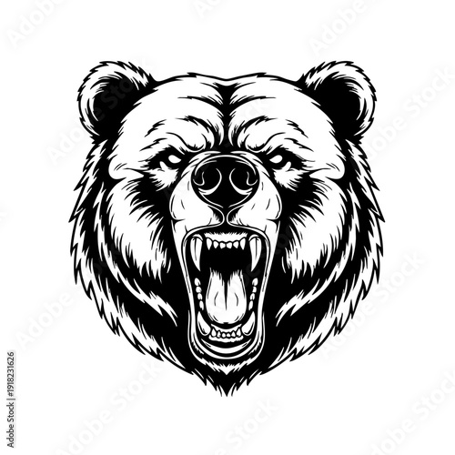 Aggressive bear head illustration with open mouth and sharp teeth.
