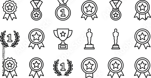 award, medal, trophy, badge, star, winner, prize, achievement, success, champion, vector, illustration, minimal, outline, collection, isolated, graphic, symbol, recognition, design