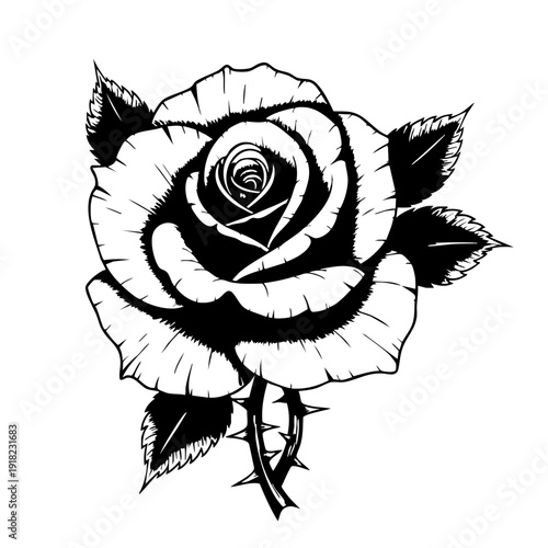 Black and white illustration of a rose with thorns.