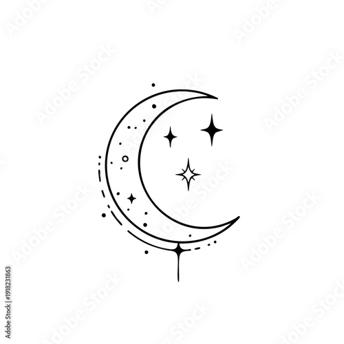 Simple black line drawing of a crescent moon with stars.