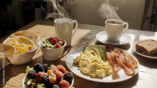 Steaming coffee and a hearty breakfast with fruit, eggs, bacon, and toast