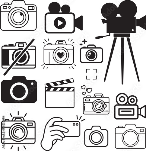 Camera and Video Icons Set – Photography and Filmmaking Line and Glyph Icon Collection