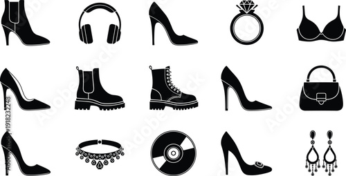 Fashion, accessories, silhouette, shoes, high heels, boots, headphones, ring, handbag, jewelry, earrings, necklace, collection, women, style, glamour, elegant, isolated, white, background