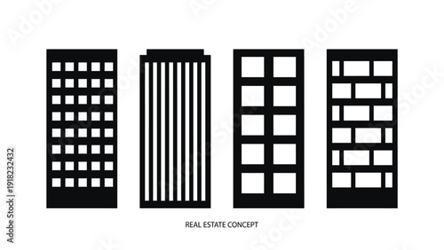 Black Skyscrapers Silhouettes in Cityscape, Real Estate Concept, Isolated on White