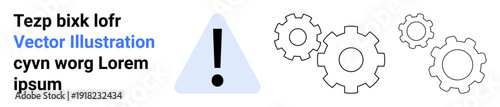 System troubleshooting, error notification, software update, maintenance process, technology operation, mechanics. A warning symbol and gear icons. System troubleshooting and error notification
